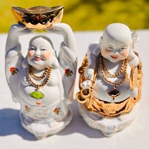 Vintage Hand-painted Porcelain Laughing Buddha Figurines with Gold Accents